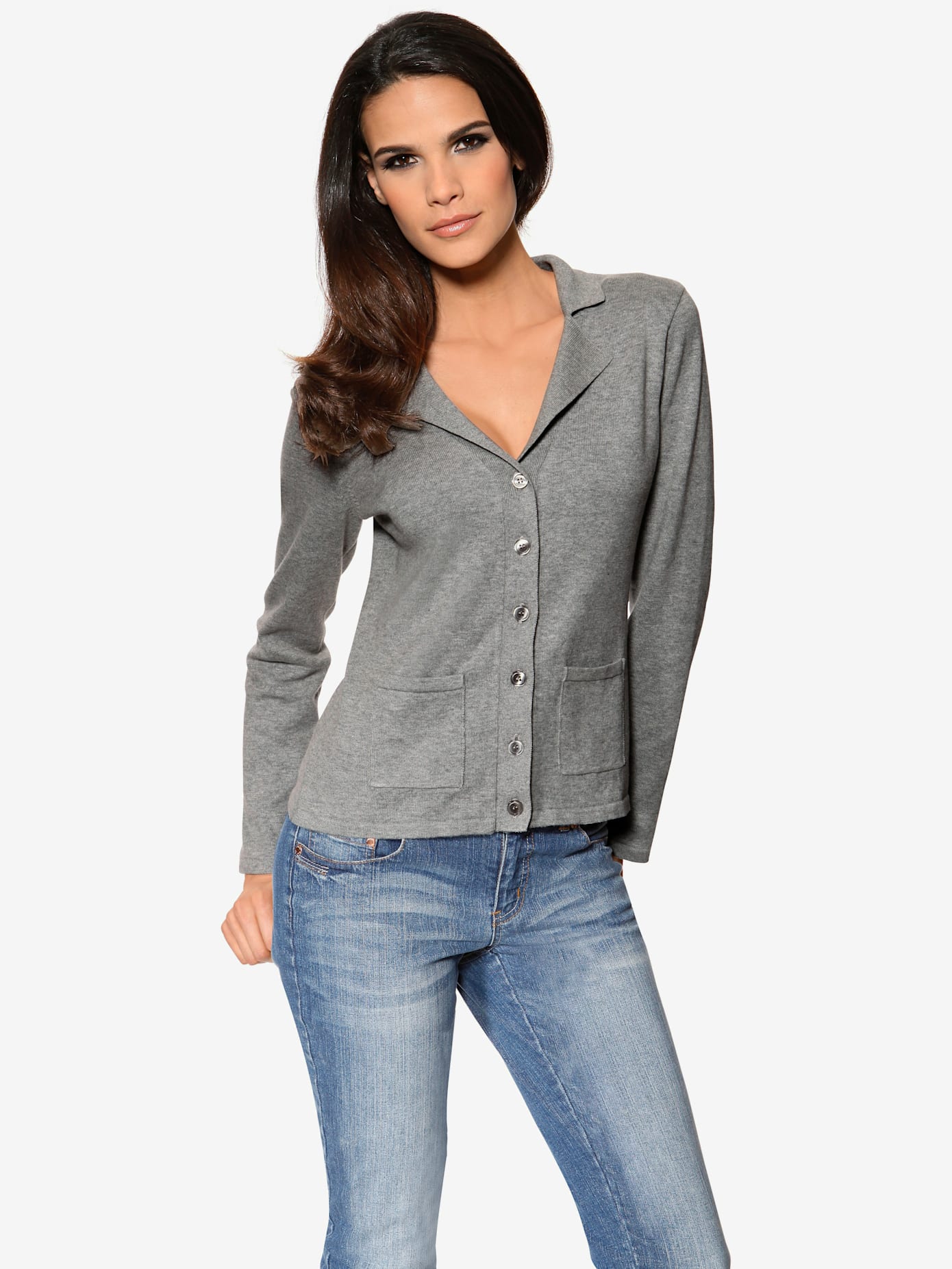 Veste en tricot fin superbe basique avec poches plaquées