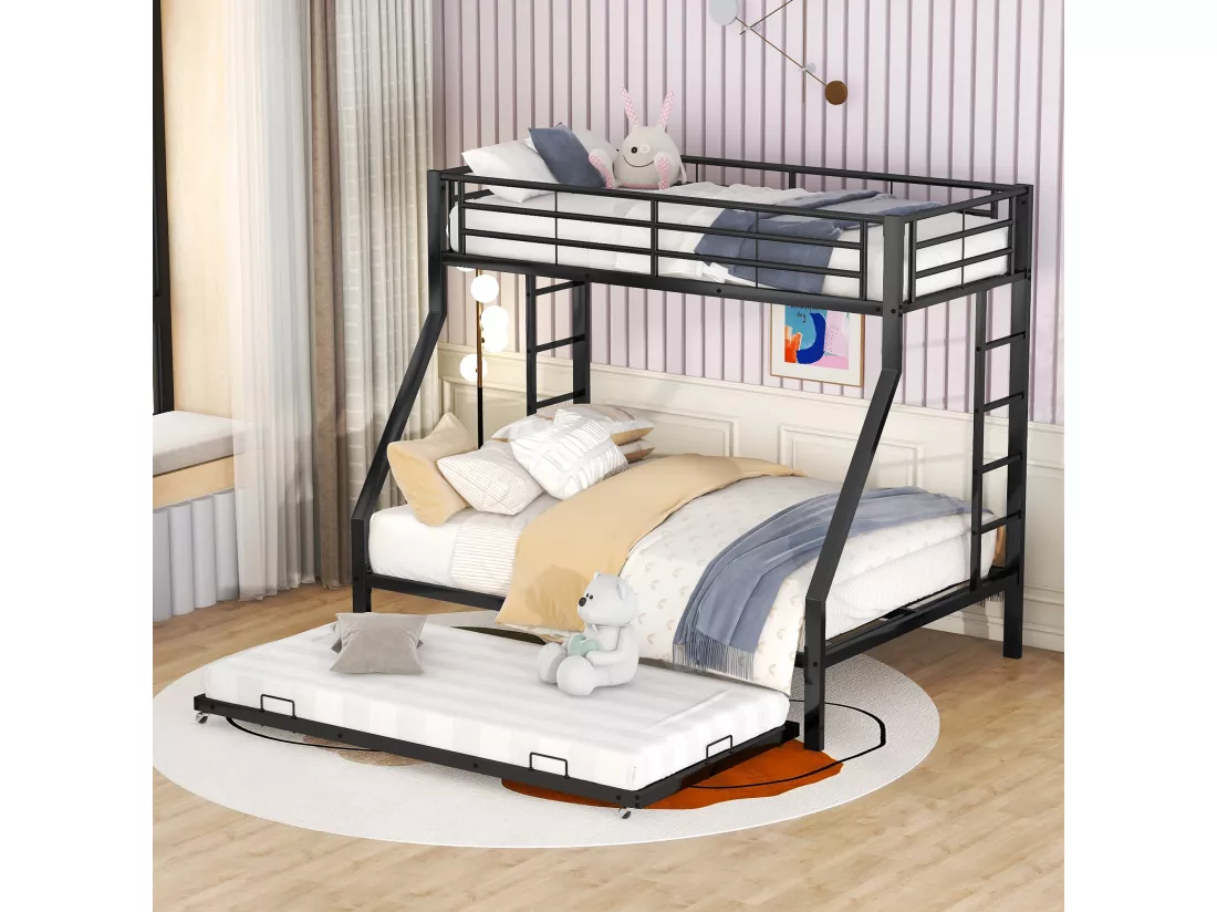 Lit superposé en métallique avec lit extensible 90(140)x200cm - lit d'adolescents avec échelle des 2 côtés pour enfants facile à monter - noir