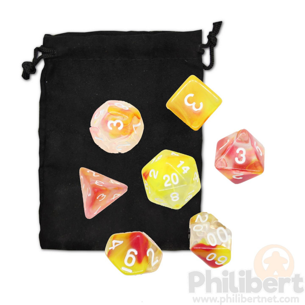 Set de dés JDR - Transparent Orange/Jaune et Blanc