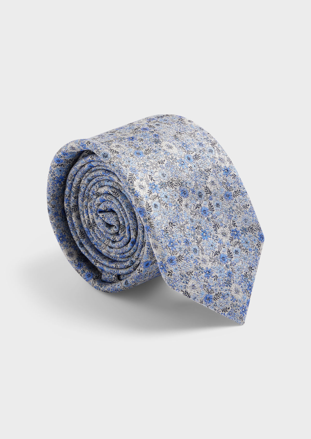 Cravate large en soie mélangée grise à motif fleuri bleu ciel