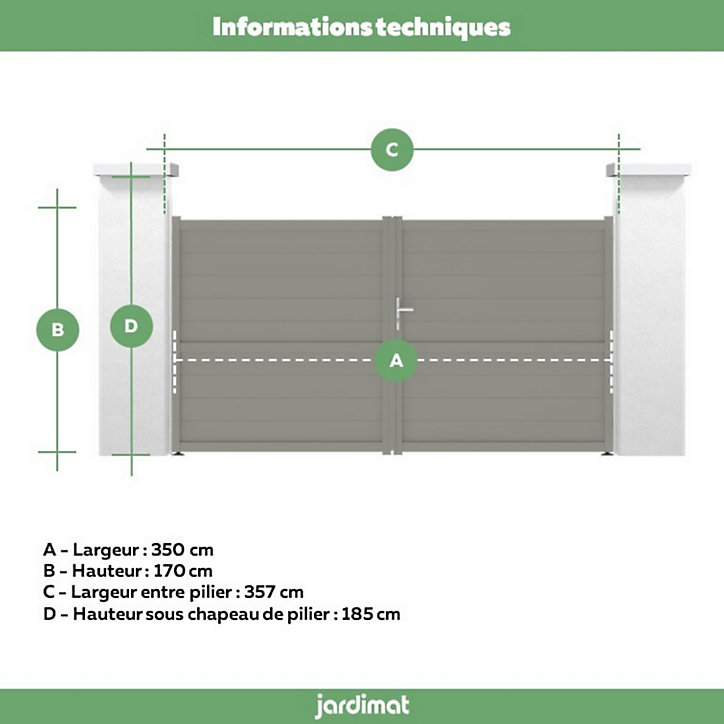 Portail Jardimat battant aluminium Perth gris quartz - 350 x h.170 cm