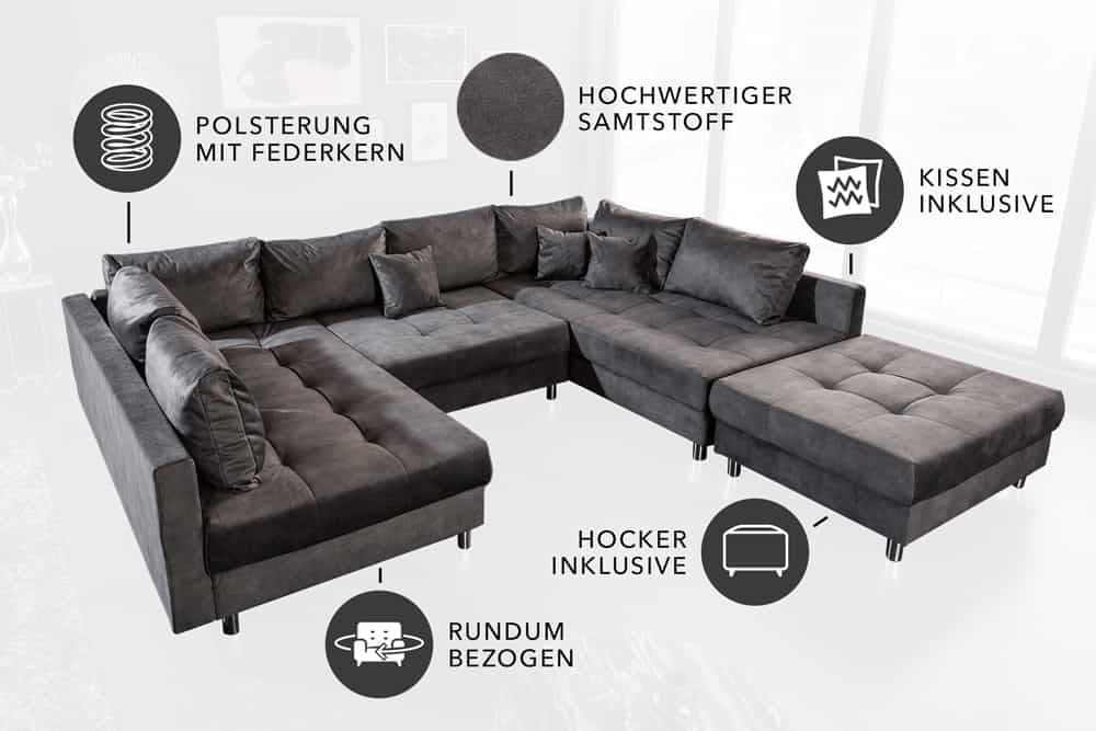 Moderne XXL Wohnlandschaft KENT 305cm grau Samt Bigsofa inkl. Hocker Federkern