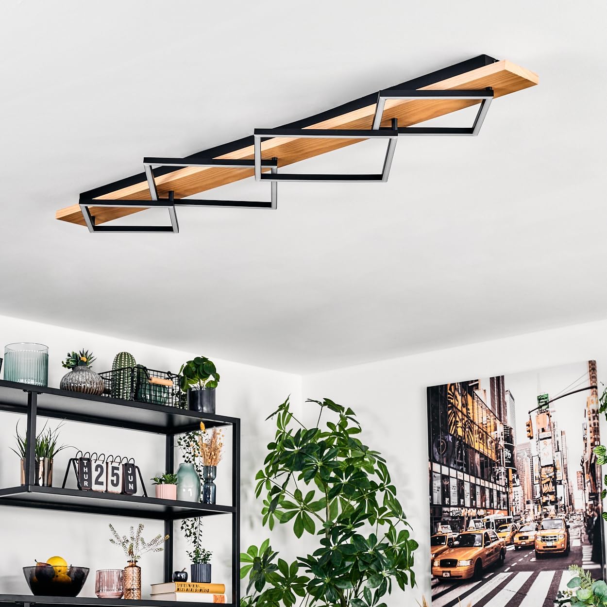 HOFSTEIN LED Deckenleuchte Pompu, Deckenlampe aus Metall/Holz/Kunststoff in Natur/Schwarz/Weiß, 56 Watt, 7600 Lumen, 3000 Kelvin, moderne Leuchte für Schlafzimmer, Esszimmer, Wohnzimmer, Küche, Flur