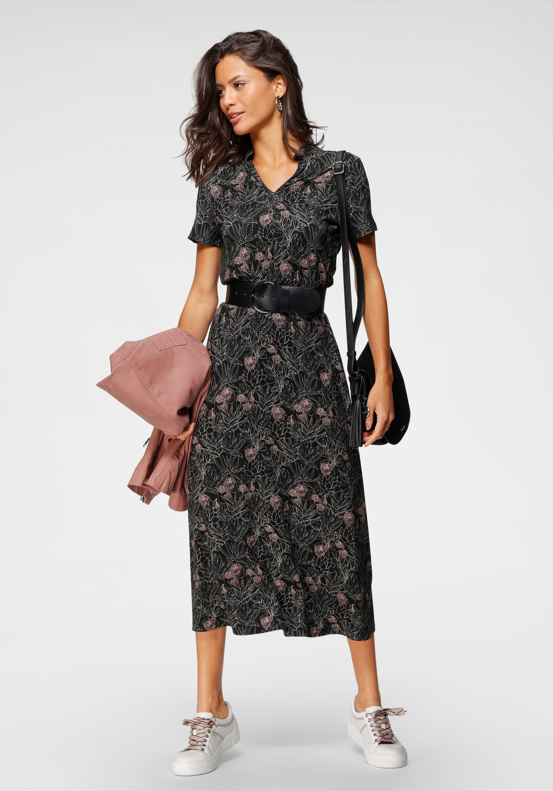 Laura Scott Sommerkleid wadenlang,  geblümtes Design,  aus Single Jersey,  mit Stehkragen