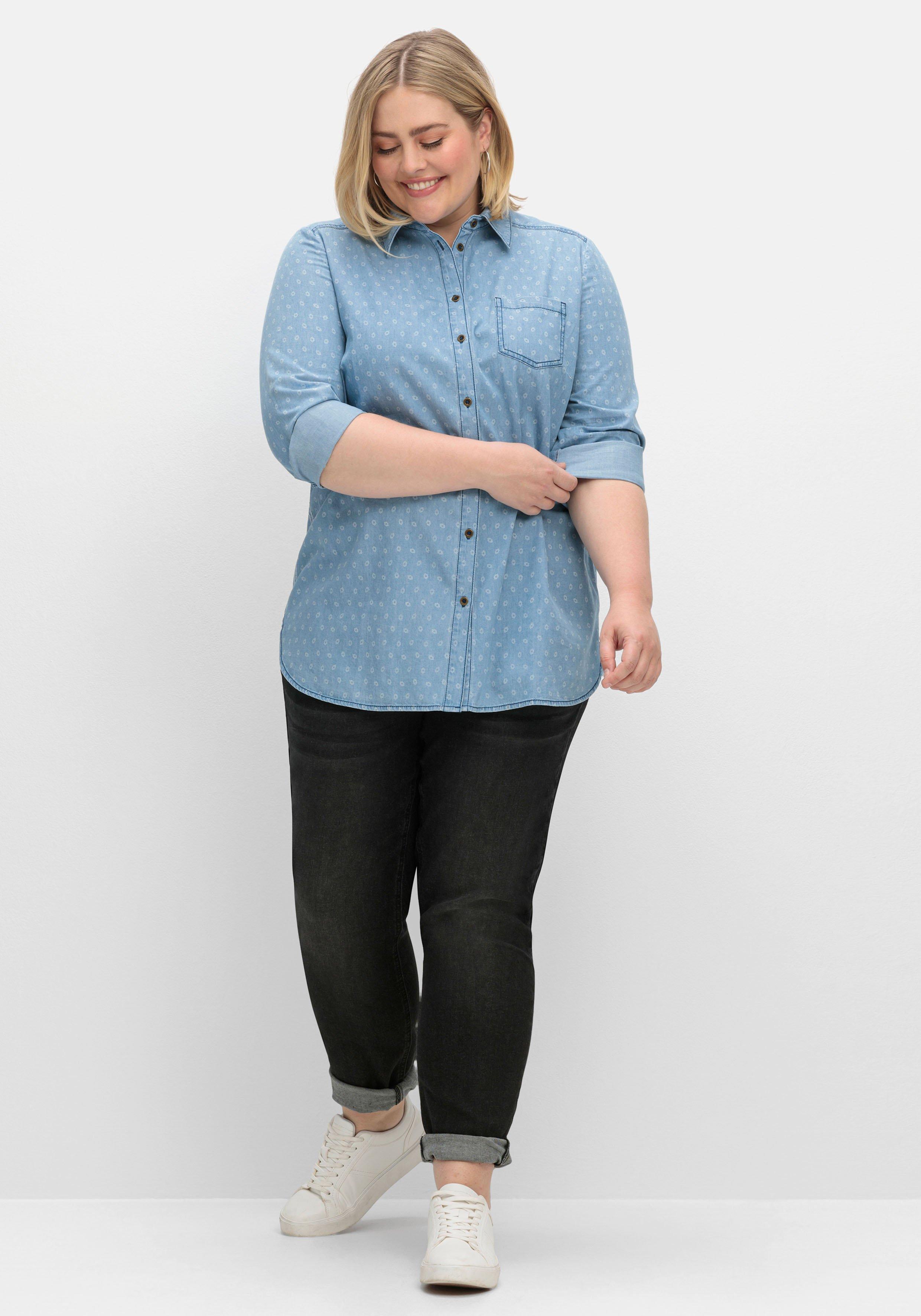 Jeansbluse mit Brusttasche und grafischem Print