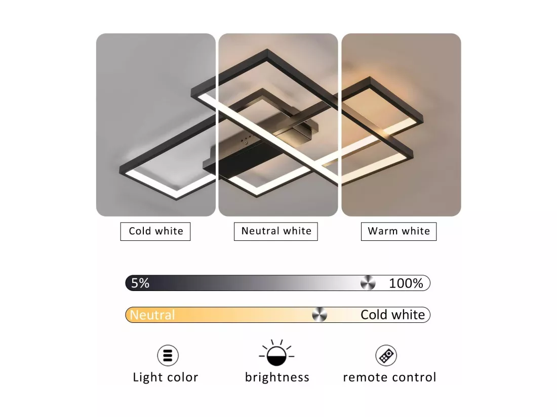 NETTLIFE Plafonnier Dimmable, 65x47x7.5cm, 3 Carrés Plafonniers LED noir Modernes avec Télécommande, 65W Encastré Éclairage Lampe de Plafond