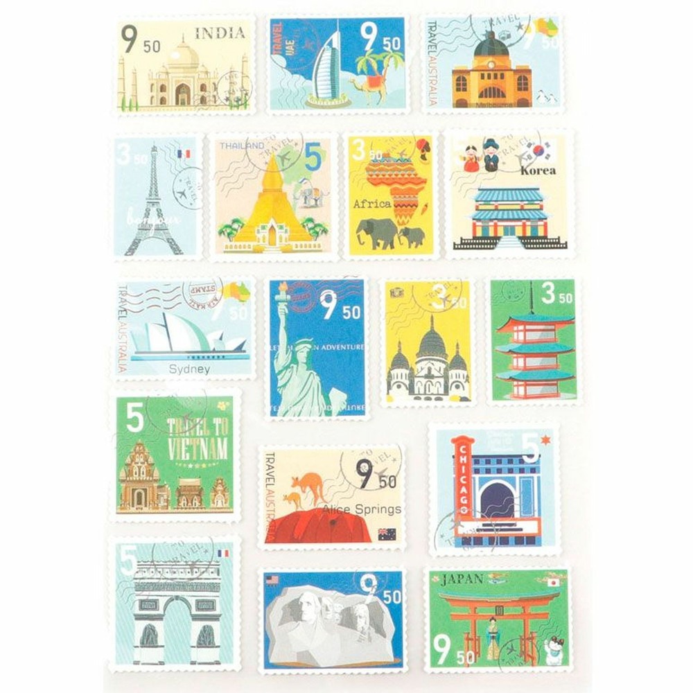 153 stickers en forme de timbres - pays 3 cm
