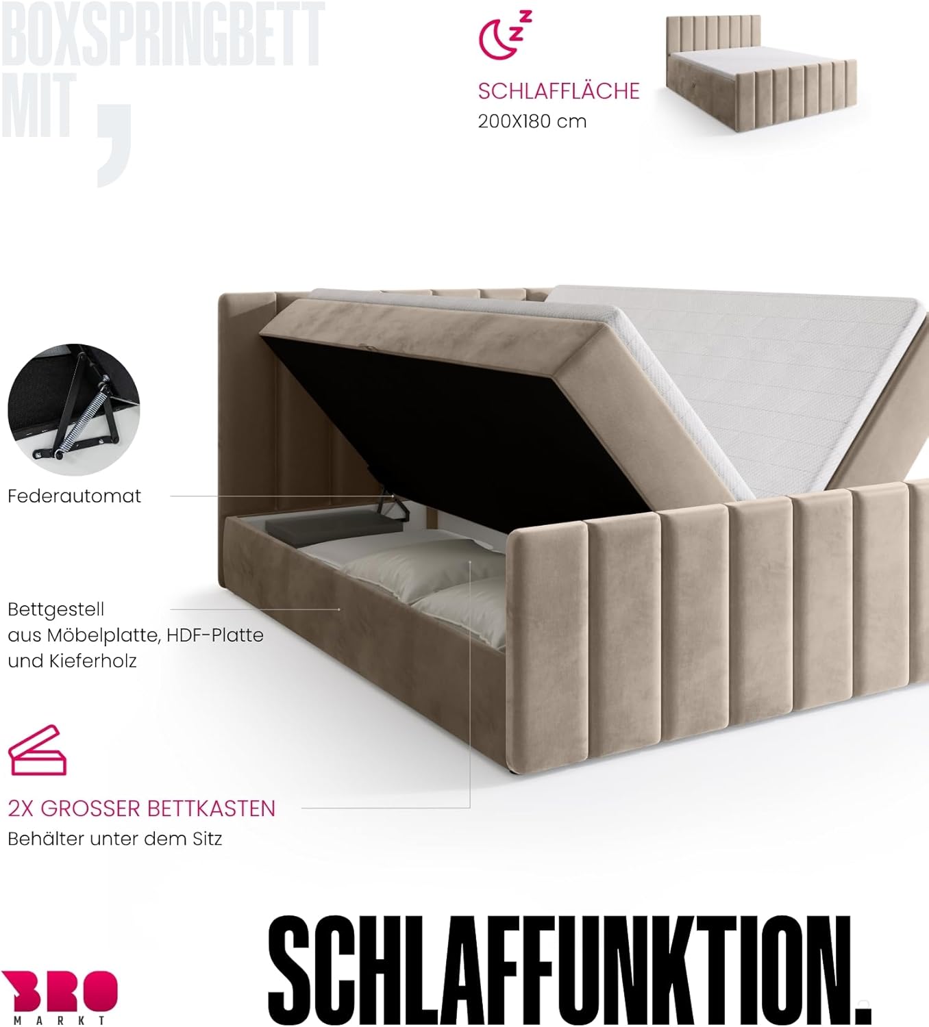 BROMARKT Boxspringbett mit Matratze Bett 180x200 Beige Doppelbett mit Topper Boxbett mit Stauraum Polsterbett mit Bettkasten Kopfteil Denver Duo Härtegrad H3