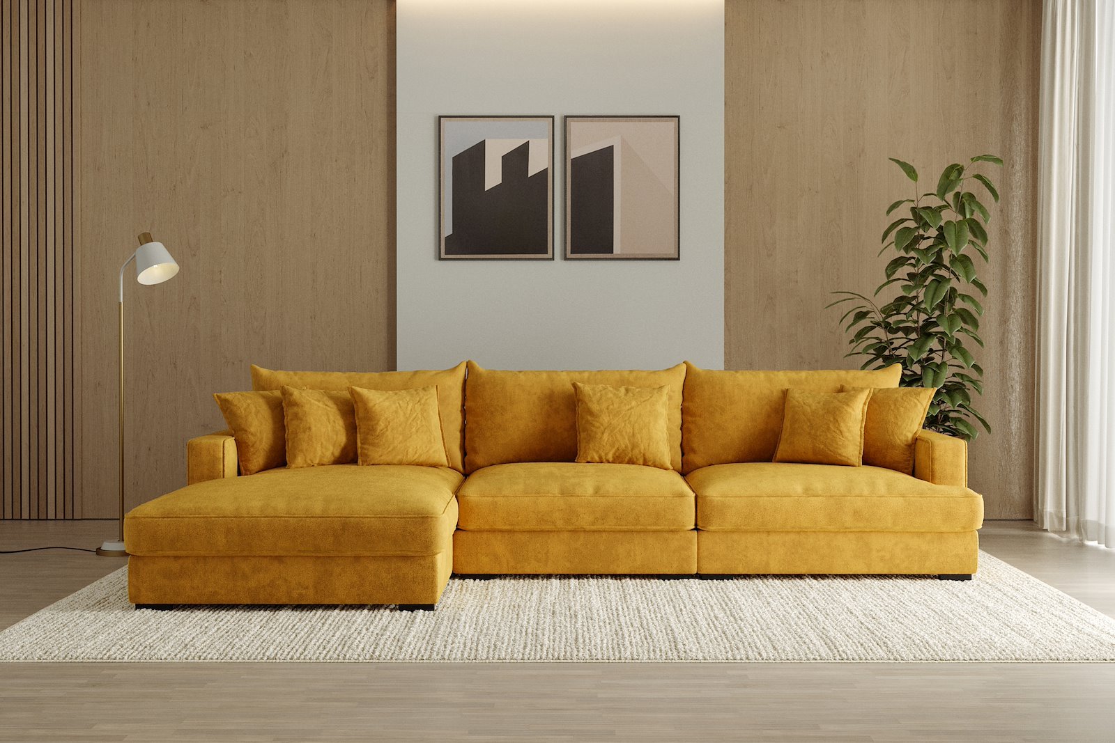 Rossi Lux 3-seter med sjeselong venstre Tekstil Genesis 10 Golden Yellow, arm A med sorte ben. Lux Komfort.