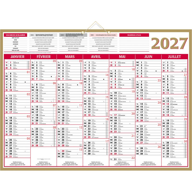 Calendrier semestriel mural 2027 - Or - 40,5 x 55 cm