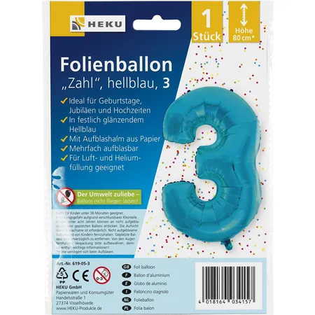 HEKU Folienballon Zahl 3, hellblau, mit Aufblashalm, Höhe 80cm