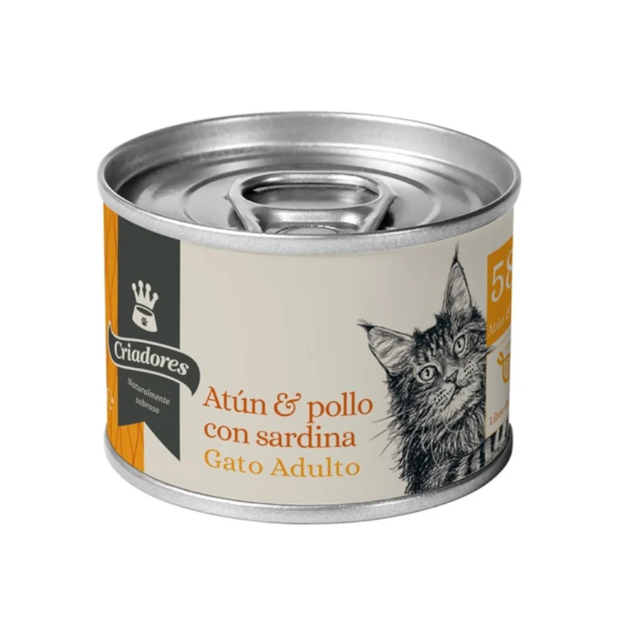 Patê de atum com frango e sardinha em lata para gatos adultos.