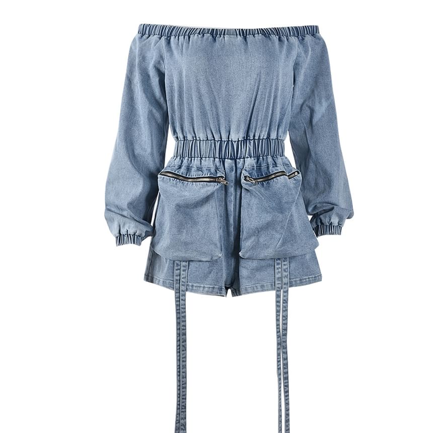 BrickBlack - Lange mouwen off-shoulder denim romper met wijde pijpen