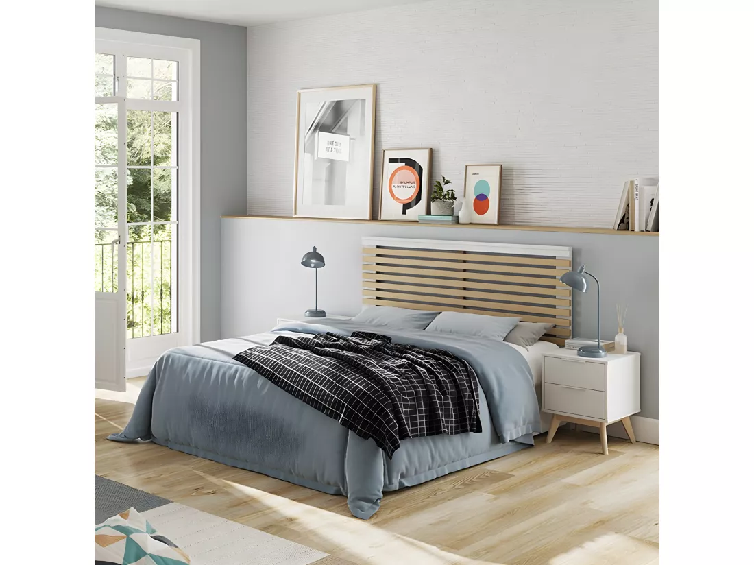 LAUPELL - Pack Lit 140x190cm + 2 Chevets 2 Tiroirs Pin Naturel et Blanc Scandinave