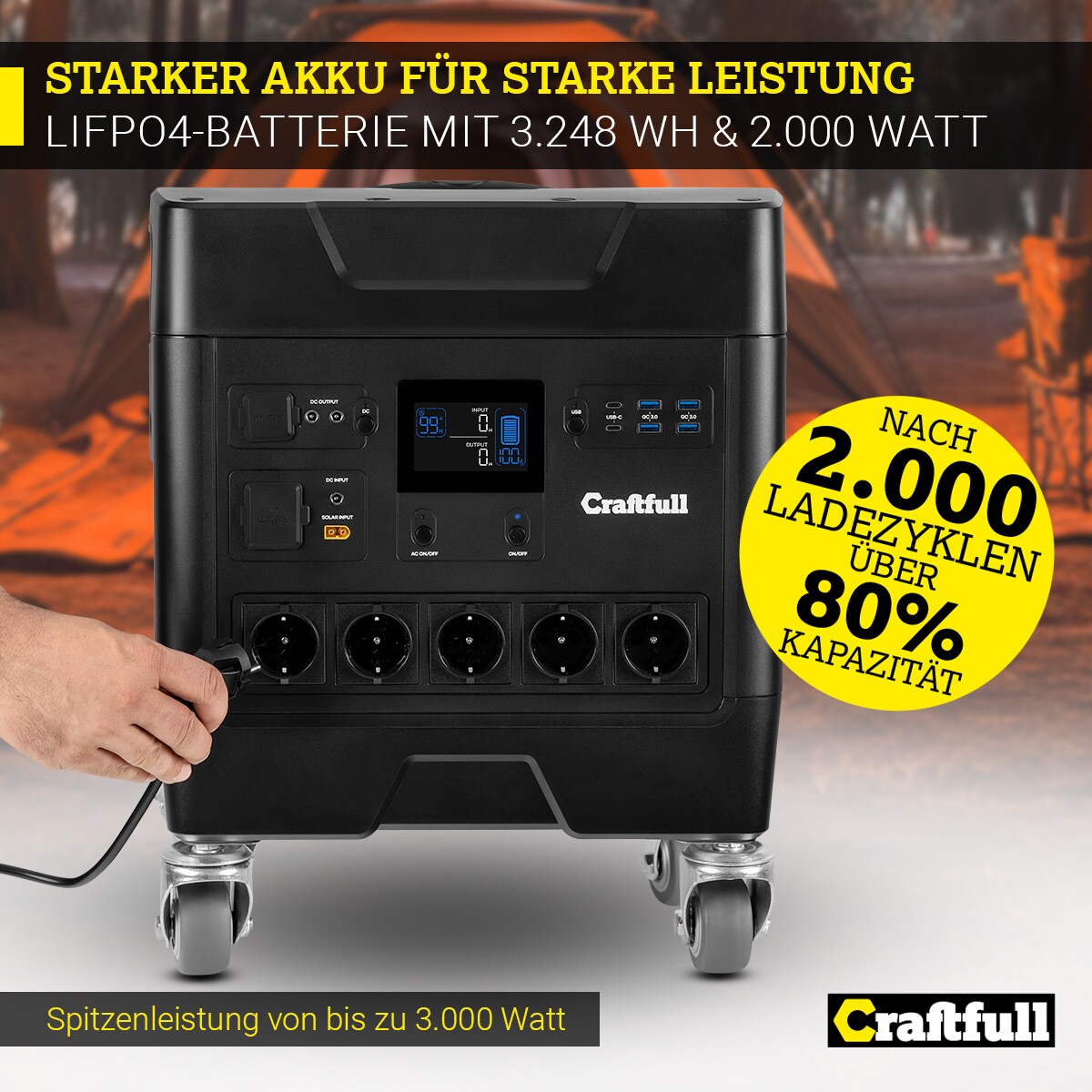 Craftfull Powerstation Fast Charge PS3600, 2.000 Watt, Trolley-Funktion, LiFePO4, USB, 12 V, 230 V (Classic)