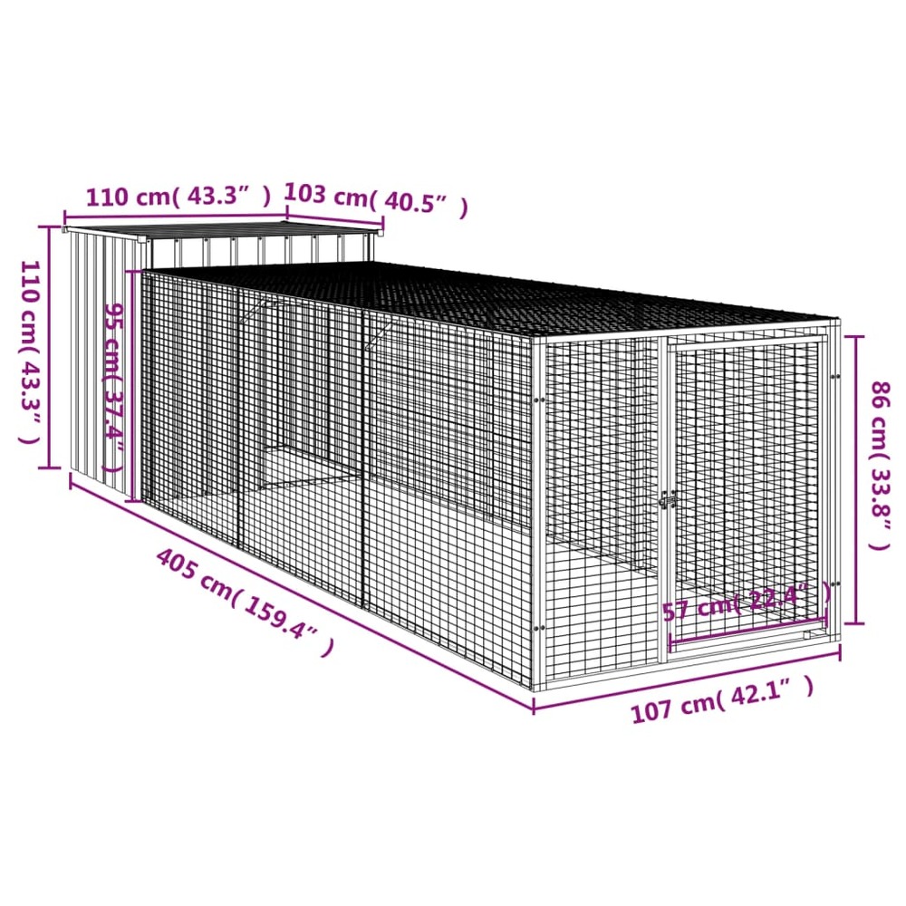 Poulailler avec cour anthracite 110x405x110 cm acier galvanisé