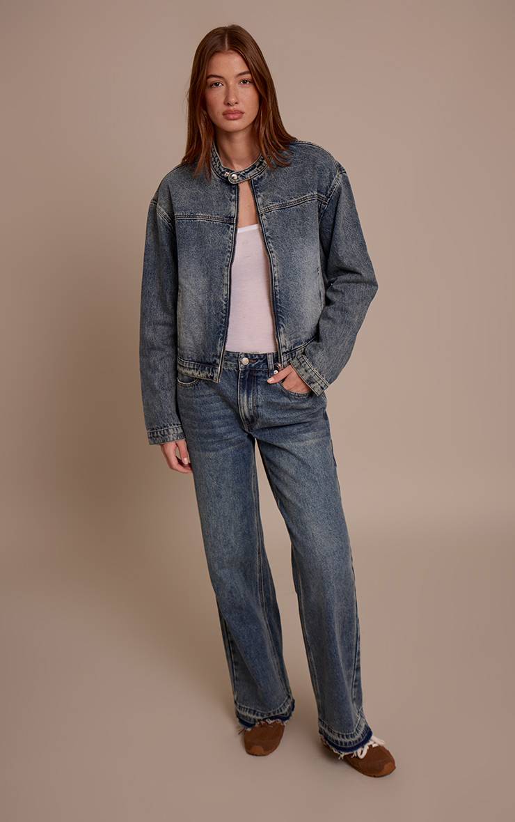 Délavage Vintage Veste En Denim Ample À Col Motard