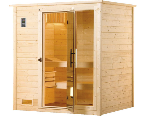 Massief houten sauna Weka Bergen GFT Gr.1 incl. 7,5 kW kachel en digitale bediening met venster en grafietkleurige volledig glazen deur