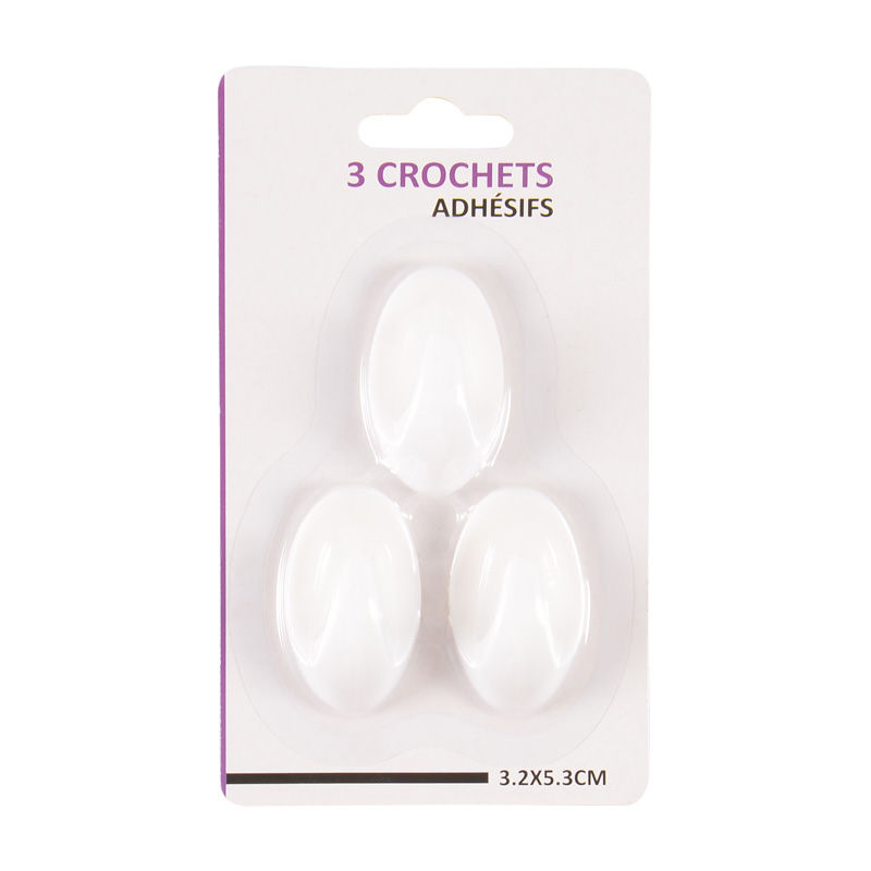 Lot de 3 crochets adhésifs en plastique blanc