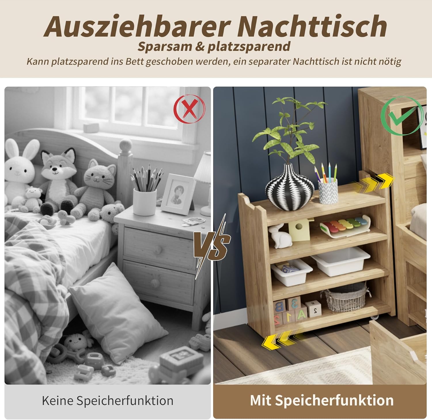 Holzbett Stauraumbett 90 x 200 cm, multifunktionales Tagesbett mit Nachtkästen, Regalen und Stauschränken, Einzelbett für Kinder und Jugendliche, Natur FK0021076