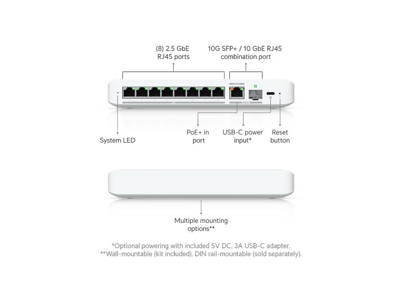 Ubiquiti Switch UniFi Flex 2.5G 9 Port Kompakter 8-Port 2.5-GbE-Switch mit 10-GbE-RJ45/SFP -Uplink und flexibler Stromversorgung über USB-C oder PoE