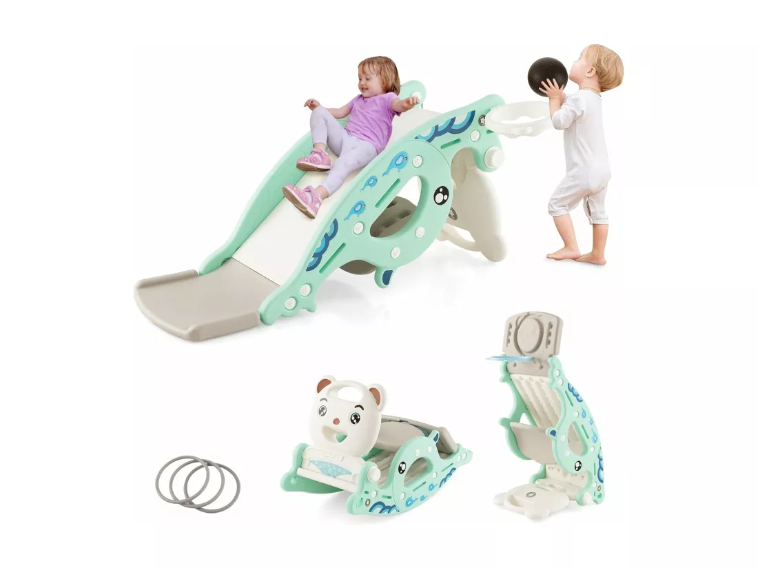 4 en 1 Toboggan Enfants avec 3 Modes & Motif d'ours, Cheval à Bascule Intérieur Extérieur avec Panier de Basketball & Ballon, Charge 50kg pour Enfants de 1-4 Ans, 93x65x46,5cm (Vert)