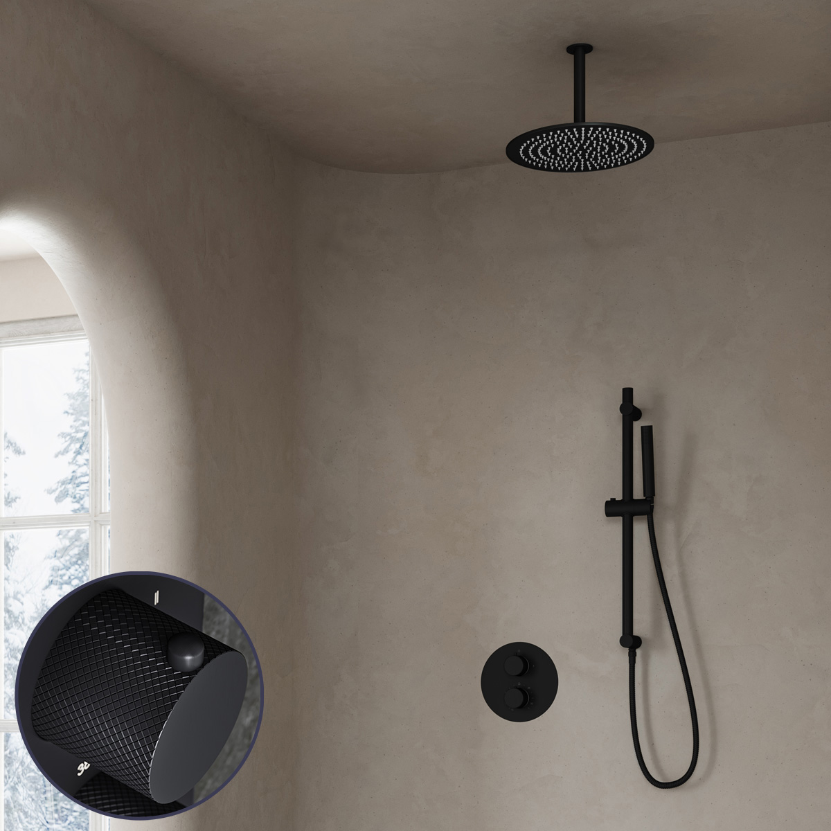 Saniclear Nero Curved inbouw regendouche rond met 30cm hoofddouche, plafondarm en glijstang zwart mat