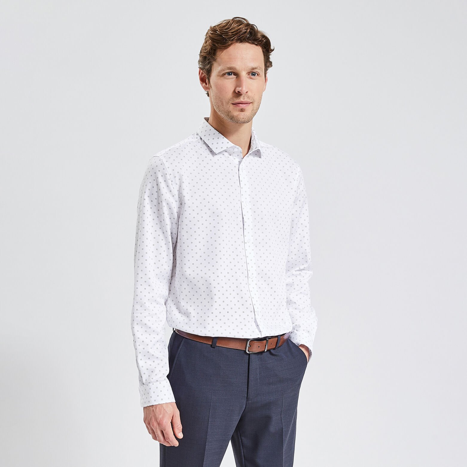 Chemise regular sans repassage coton jacquard Blanc