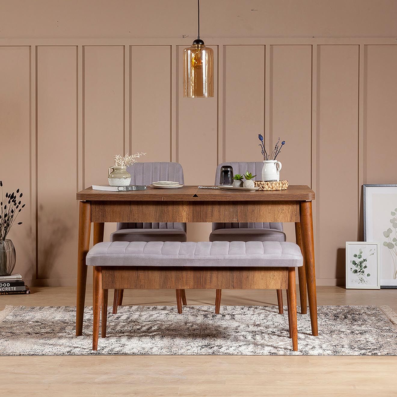 Wooden Art Ensemble Table + 2 Chaises + 1 Banc Vina beige/gris