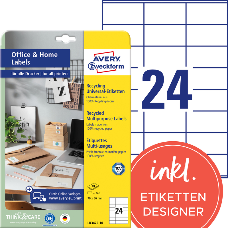 Avery Zweckform Etiketten, LR3475-10, 70 x 36 mm, 10 Blatt