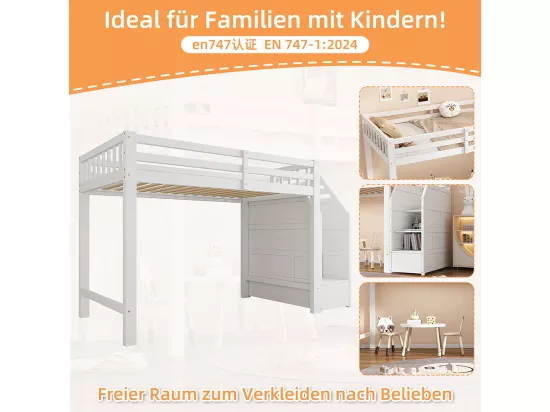 Lit mezzanine enfant 90x200 lit avec sommier à lattes garde-corps marches escamotables Blanc