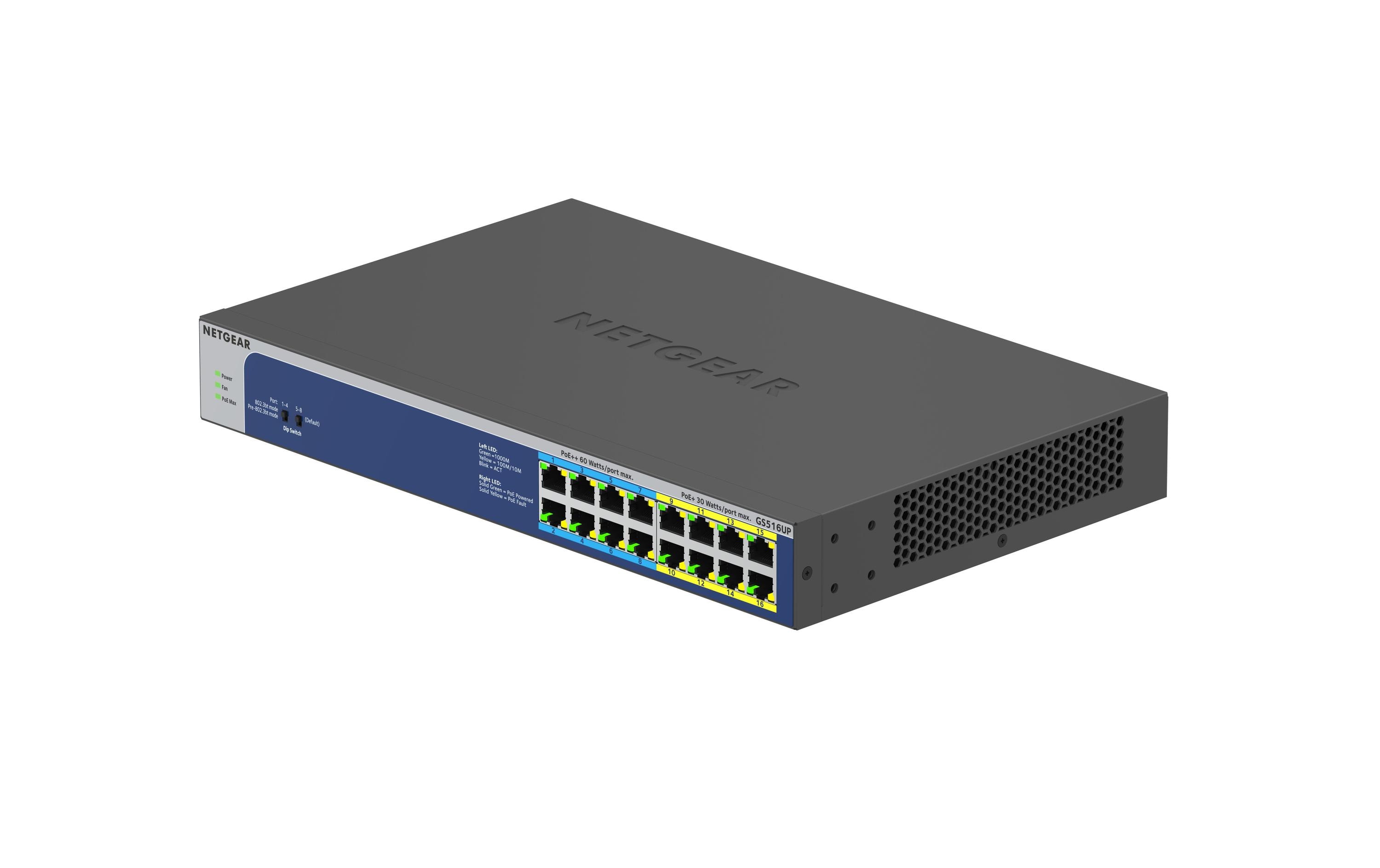 PoE++ Switch GS516UP-100EUS 16 Port<br>Netgear 16-Port Gigabit Ethernet High-Power PoE+ Unmanaged Switch mit PoE++ Ports