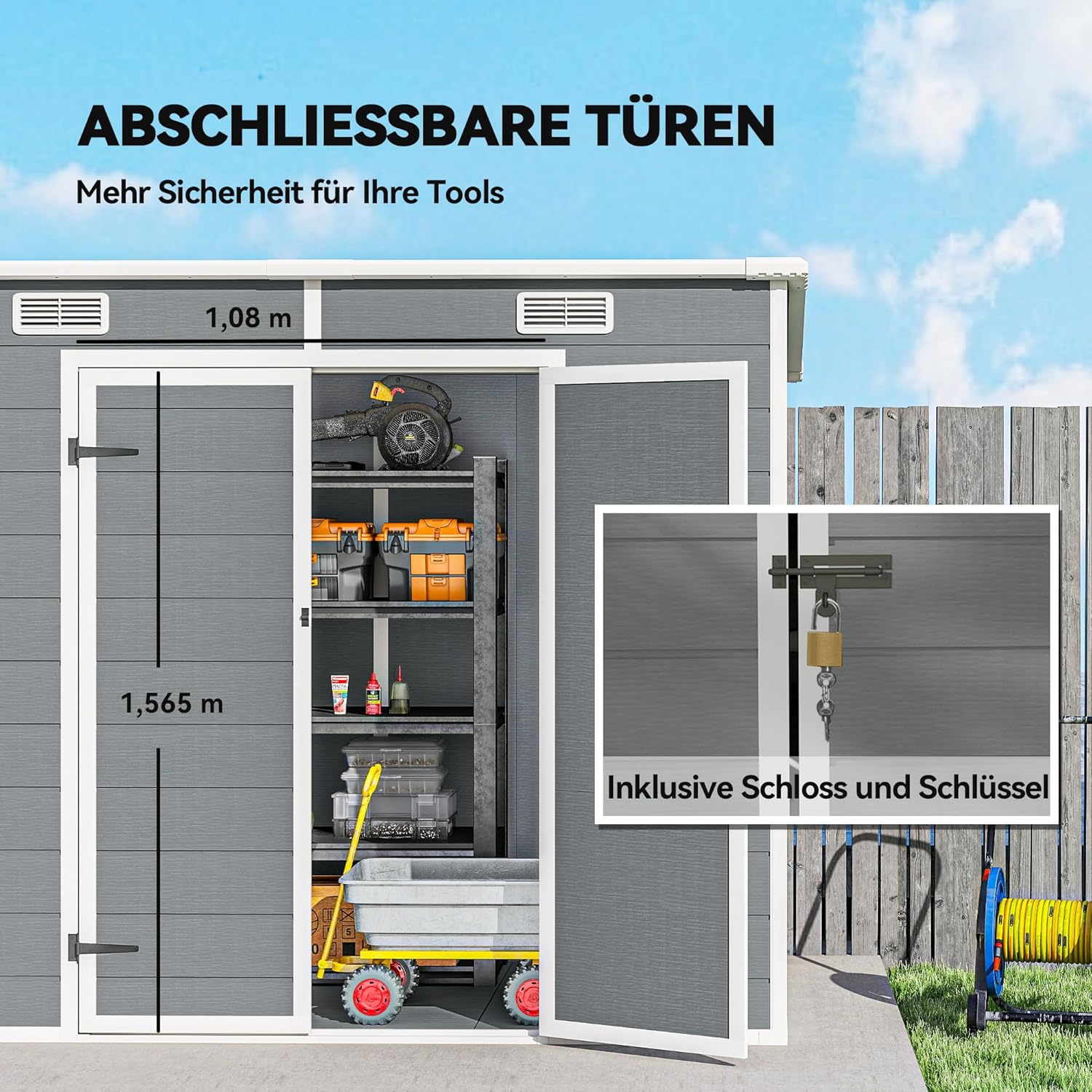 Outsunny Gerätehaus 2,54m², Wasserdicht Gartenhaus mit Boden Pultdach, 238x125x183/165 cm, Geräteschuppen mit Abschließbar Tür, Fenster Fahrradgarage Gartenschrank aus Alu, für Hinterhof, Garten, Grau