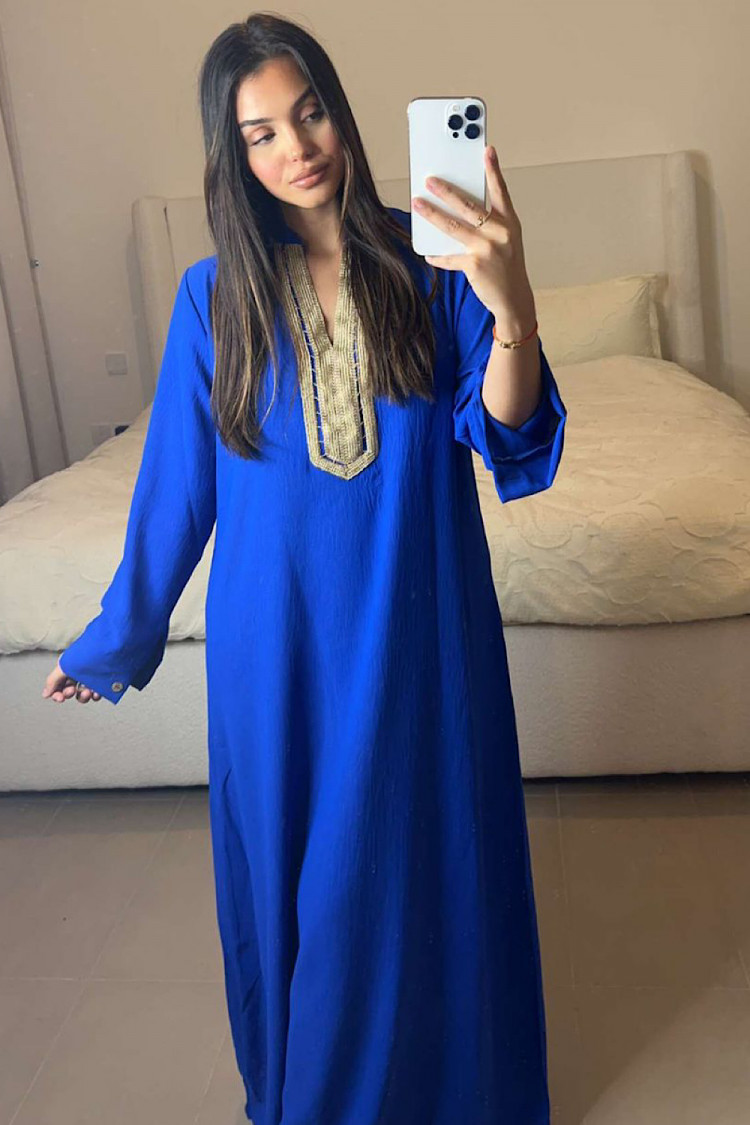 ABAYA bleu électrique décolleté V broderie dorée