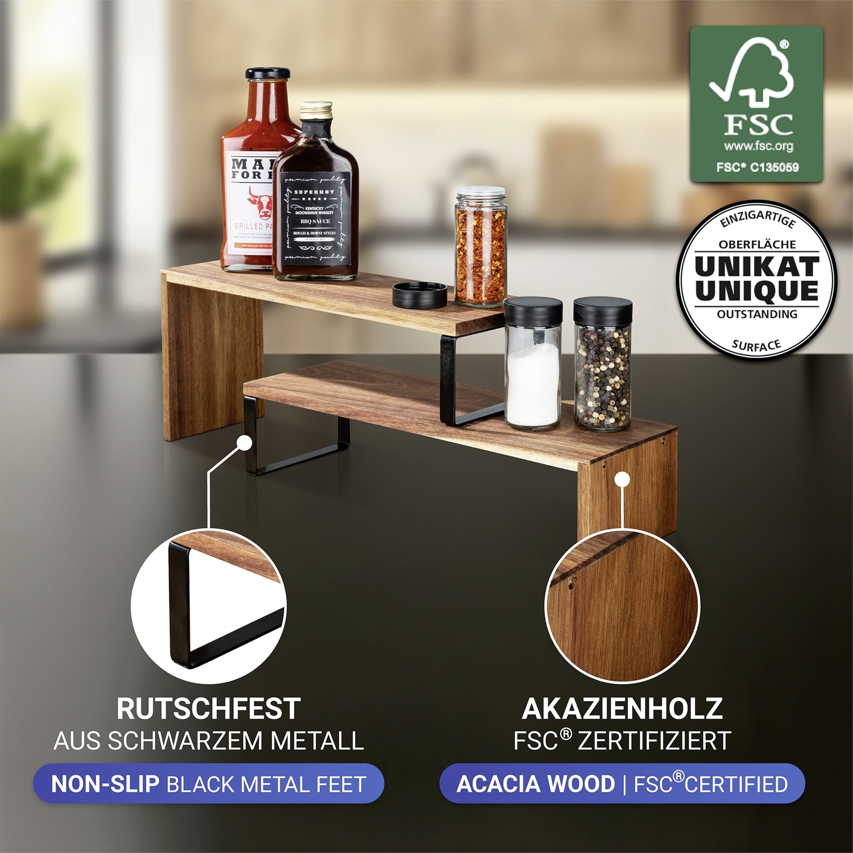 WENKO Küchenregal »Modell Vali Akazie« 2 Stk. tlg. Regal aus Akazienholz für die Arbeitsfläche, flexibel kombinierbar