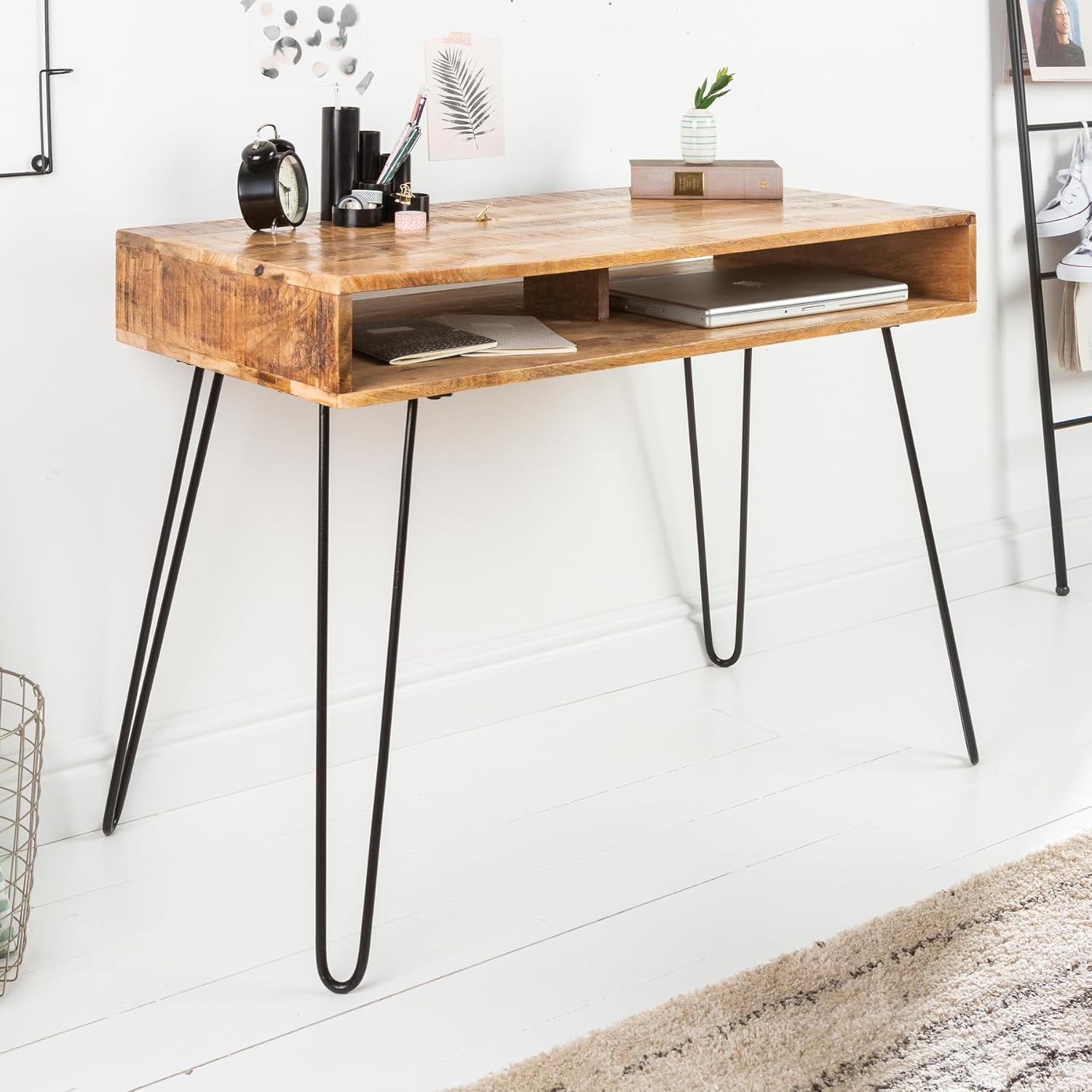 Riess Ambiente Massiver Schreibtisch Scorpion Natur 100cm Mangoholz Hairpin Legs Konsolentisch Holztisch Bürotisch Schminktisch Laptoptisch