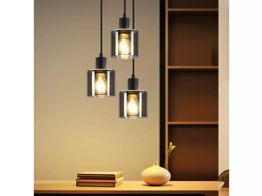 NETTLIFE Suspension Verre Noir Diam.26cm E27 Salon 3 Ampoules Lampe de Salle à Manger Vintage Lampe à Industrielle Réglable en Hauteur