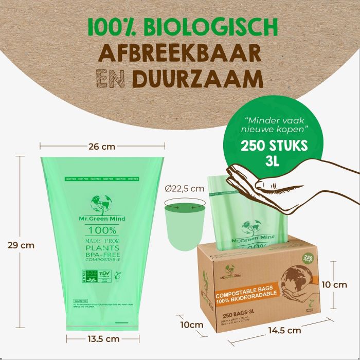 250st Afvalzak bio Mr. Green Mind 26x29cm 2-3 liter dispenser 250 stuks (8713631204069)