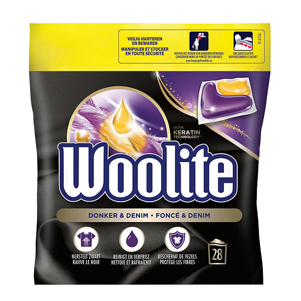Lessive capsules Woolite noir et foncé, sachet de 28
