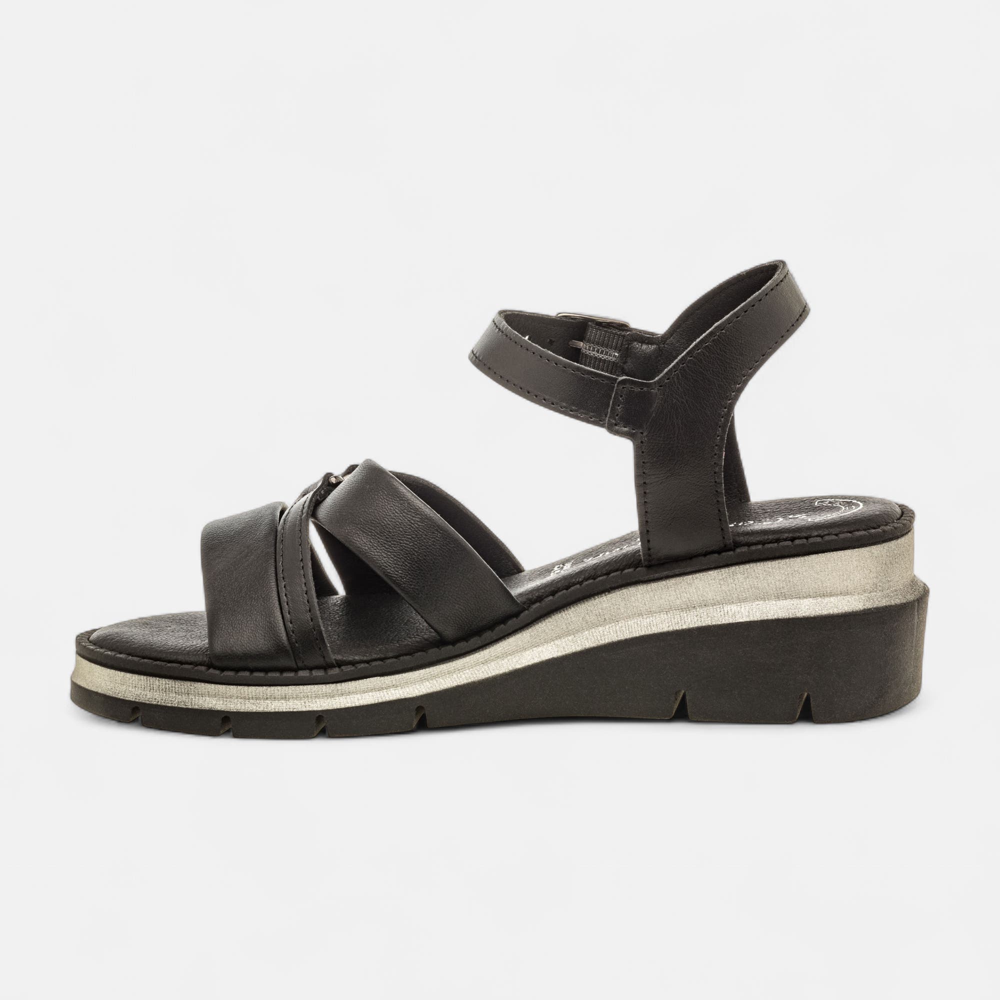Nu-pieds à talon compensé Femme en cuir noir