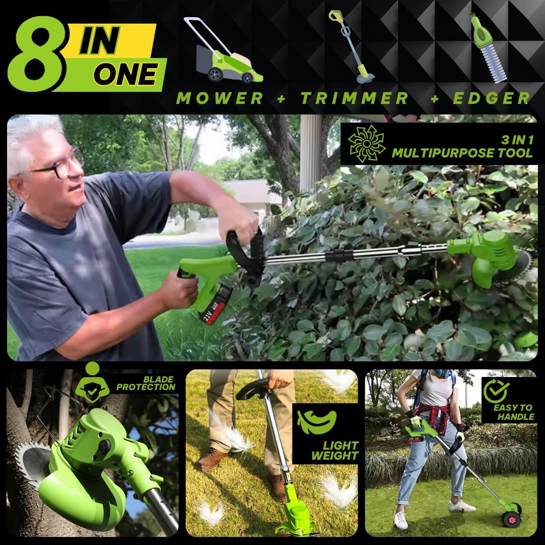 ROTORAZER 8 IN 1 Elektrische Motorsense, 2 Batterien 21V, Kantenschneider, Heckenschere, Rasenmäher, Verschiedenes Zubehör, 90° schwenkbarer Kopf (Mower+2Bat+3Blades)