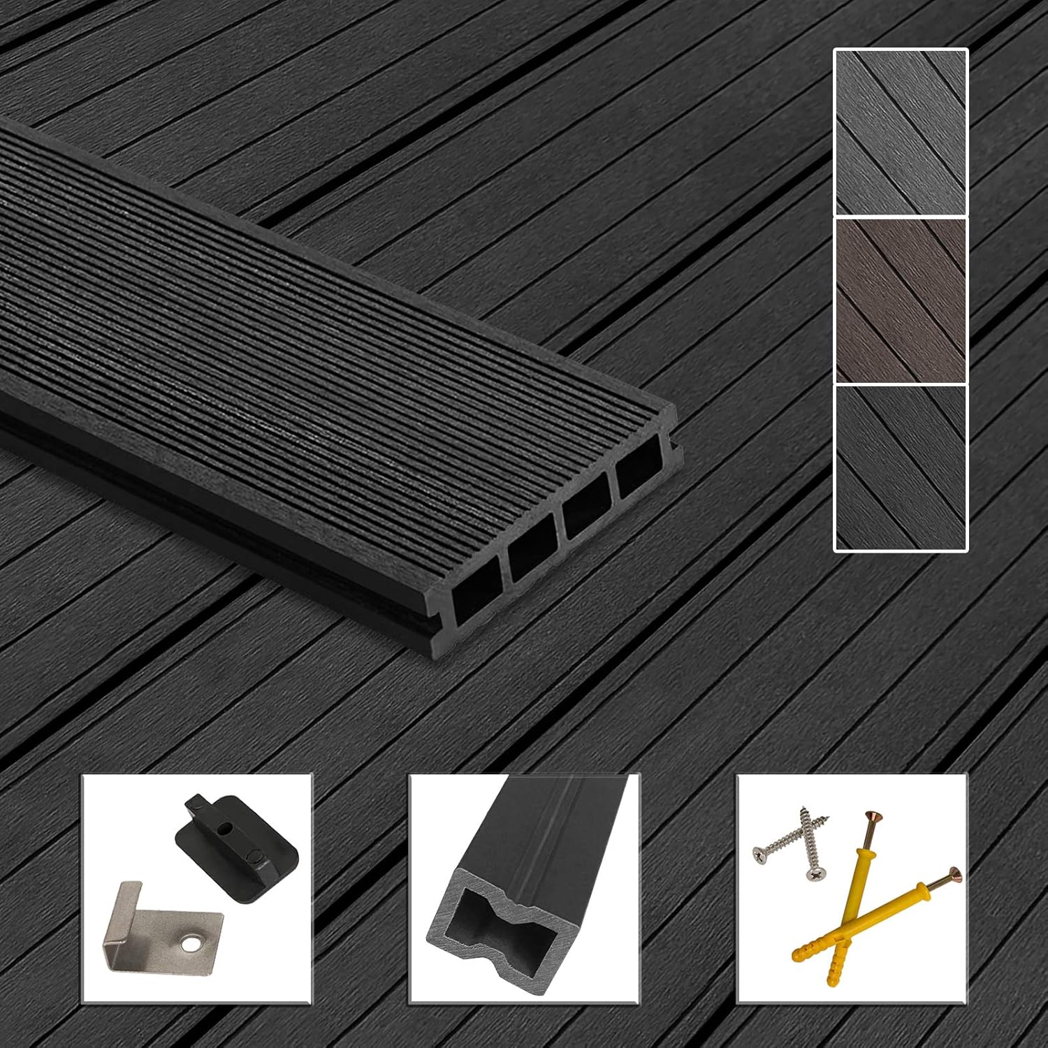 Montafox WPC Terrassendielen Dielen Komplettset Hohlkammerdiele Komplettbausatz Unterkonstruktion Clips, Größe (Fläche):12 m² 2.2m, Farbe:Anthrazit
