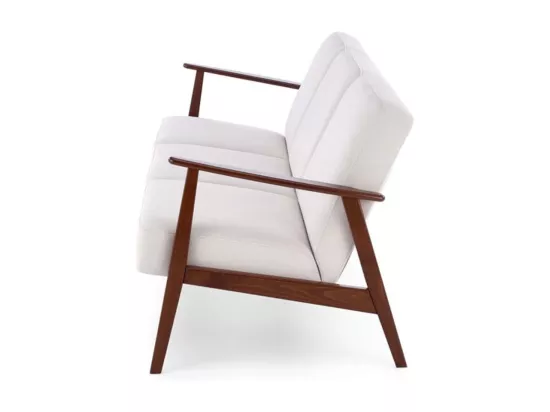 Canapé 3 places rétro en tissu beige clair et pied en bois Franky