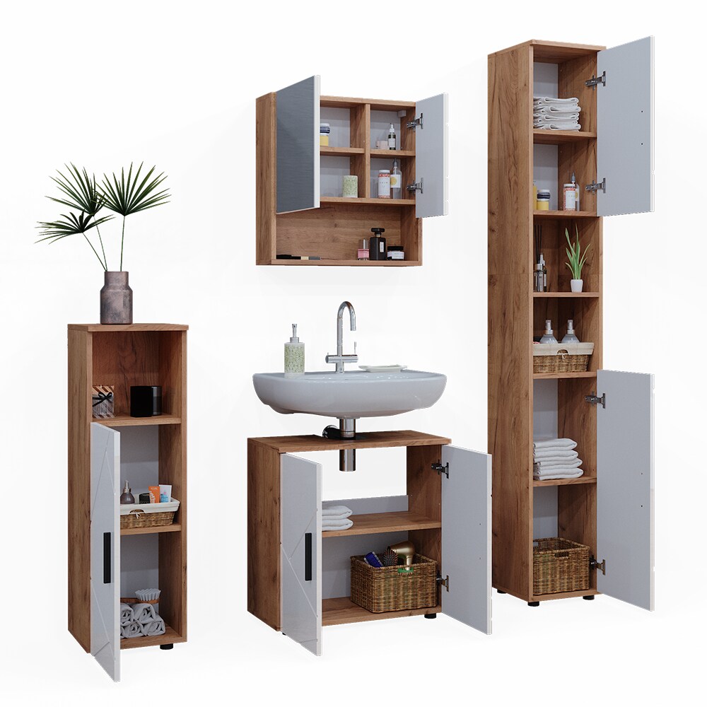 Vicco Badmöbelset Irma Eiche Weiß Hochglanz modern Badezimmerschrank Badschrank Badezimmermöbel Waschtischunterschrank Spiegelschrank Hochschrank Midischrank Schranktür Schrankfach