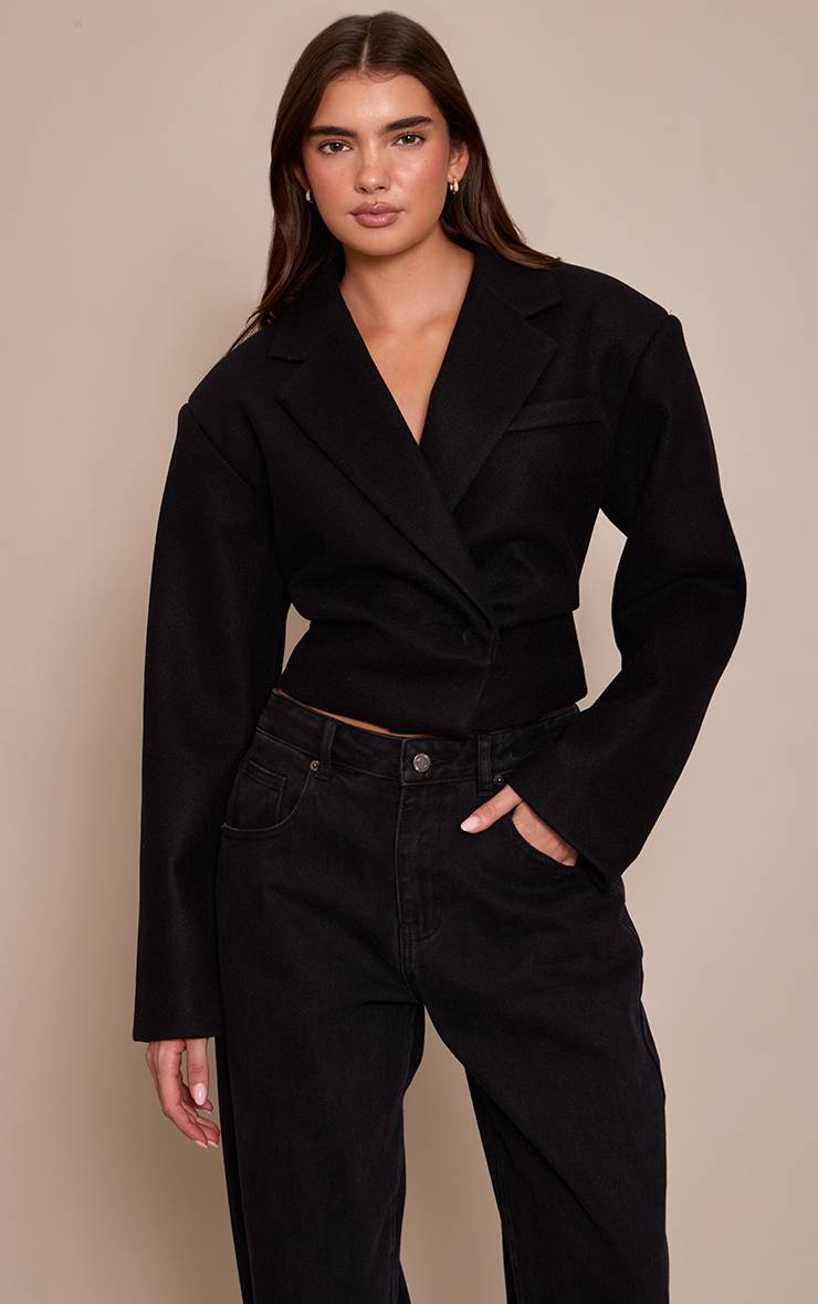 Noir Blazer Cintré Court Aspect Laine