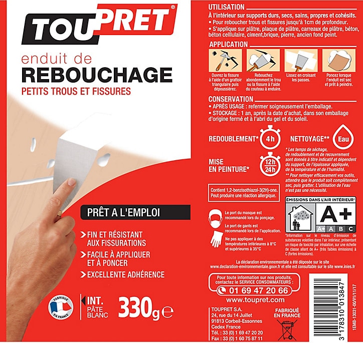 Enduit de rebouchage prêt à l'emploi Toupret 330g