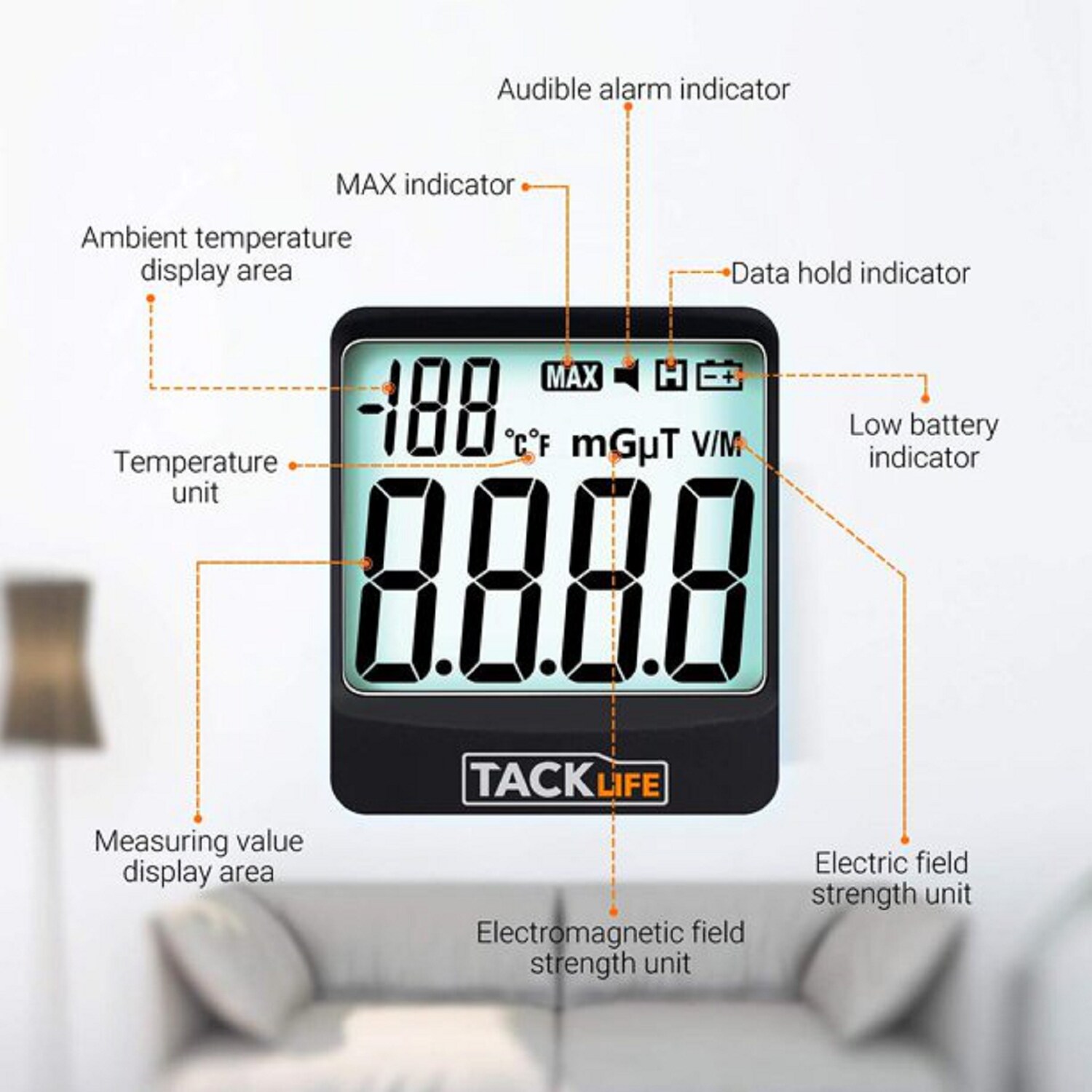 TACKLIFE MET01, EMF-Messgerät, Strahlungsdetektor für den Haushalt, 5 Hz – 3500 MHz