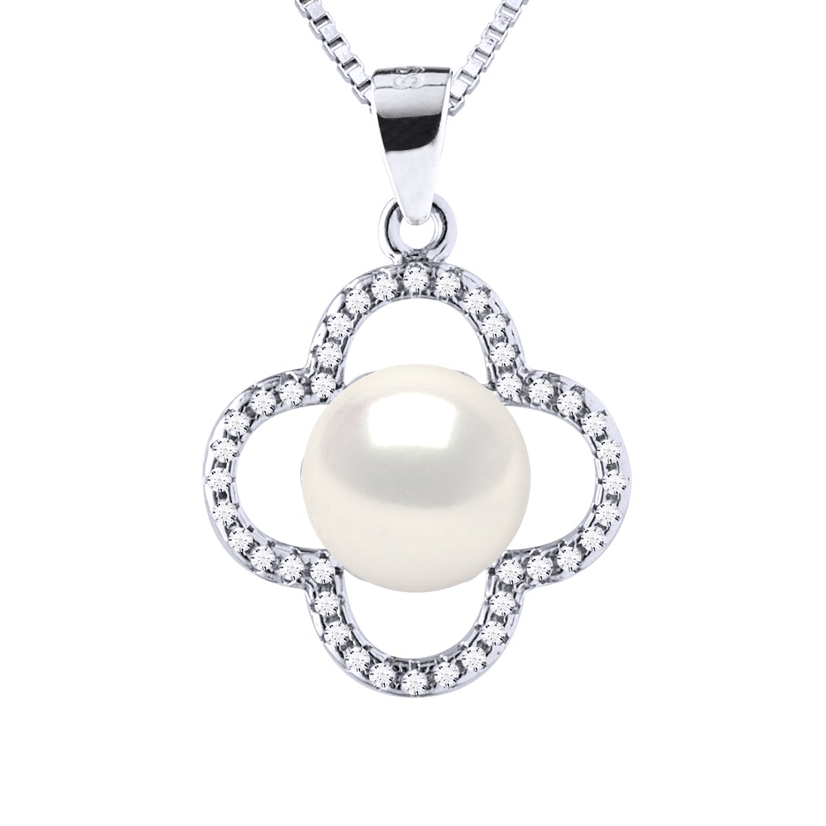 Collier TREFLE Perle d'Eau Douce 9-10 mm Blanche Argent 925