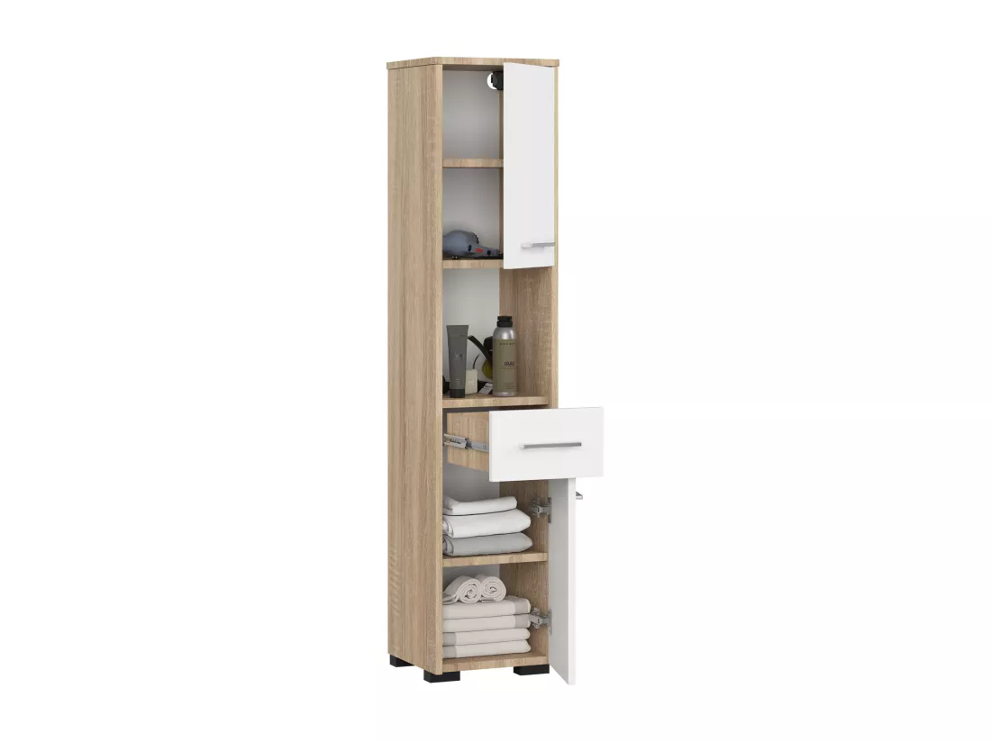 Colonne salle de bains AKORD FIN Chêne Sonoma 30 cm 2 portes 1 tiroir façade Blanche 5 étagères 30x30x140 cm