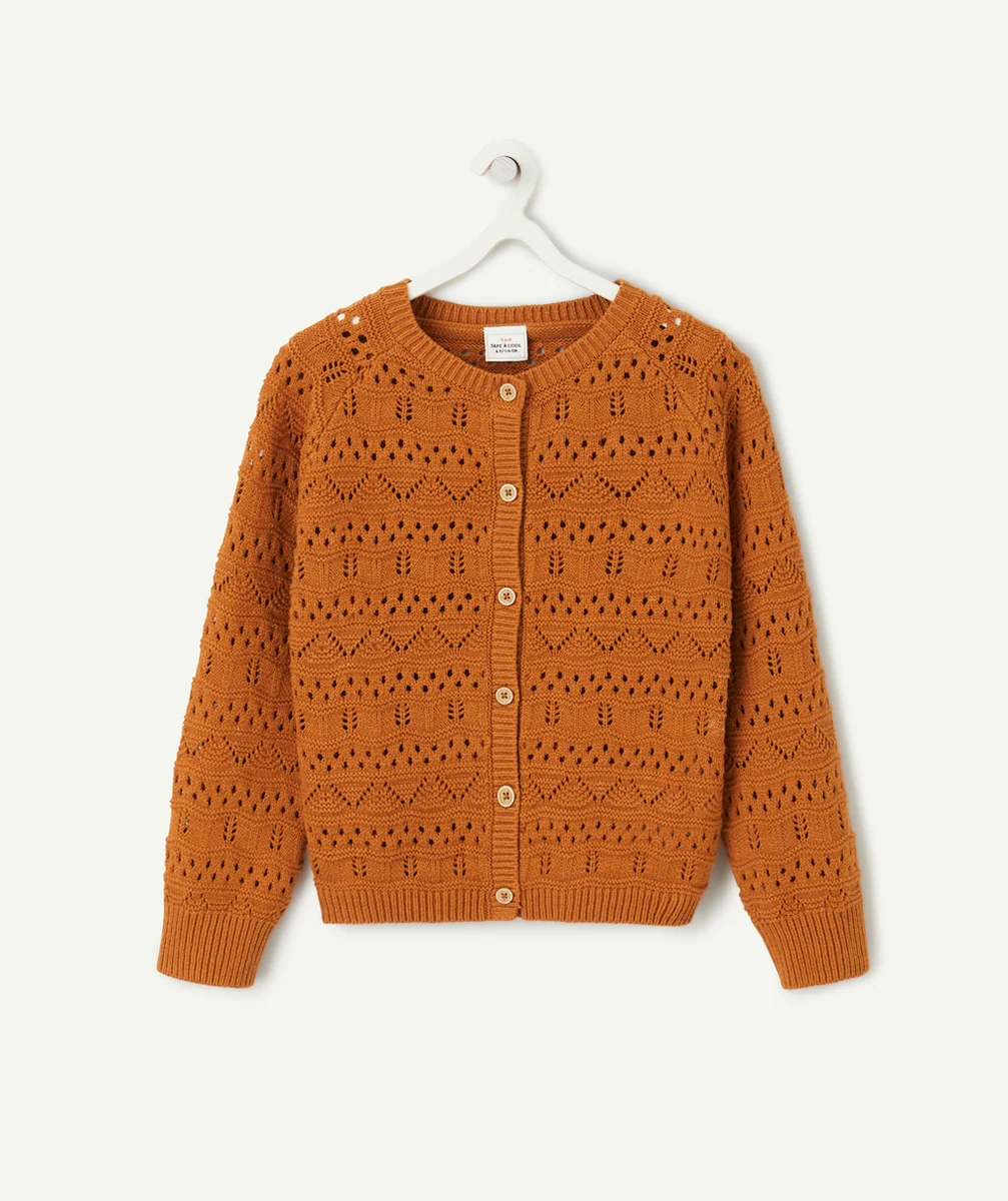 gilet en tricot ajouré fille marron avec boutons pailletés